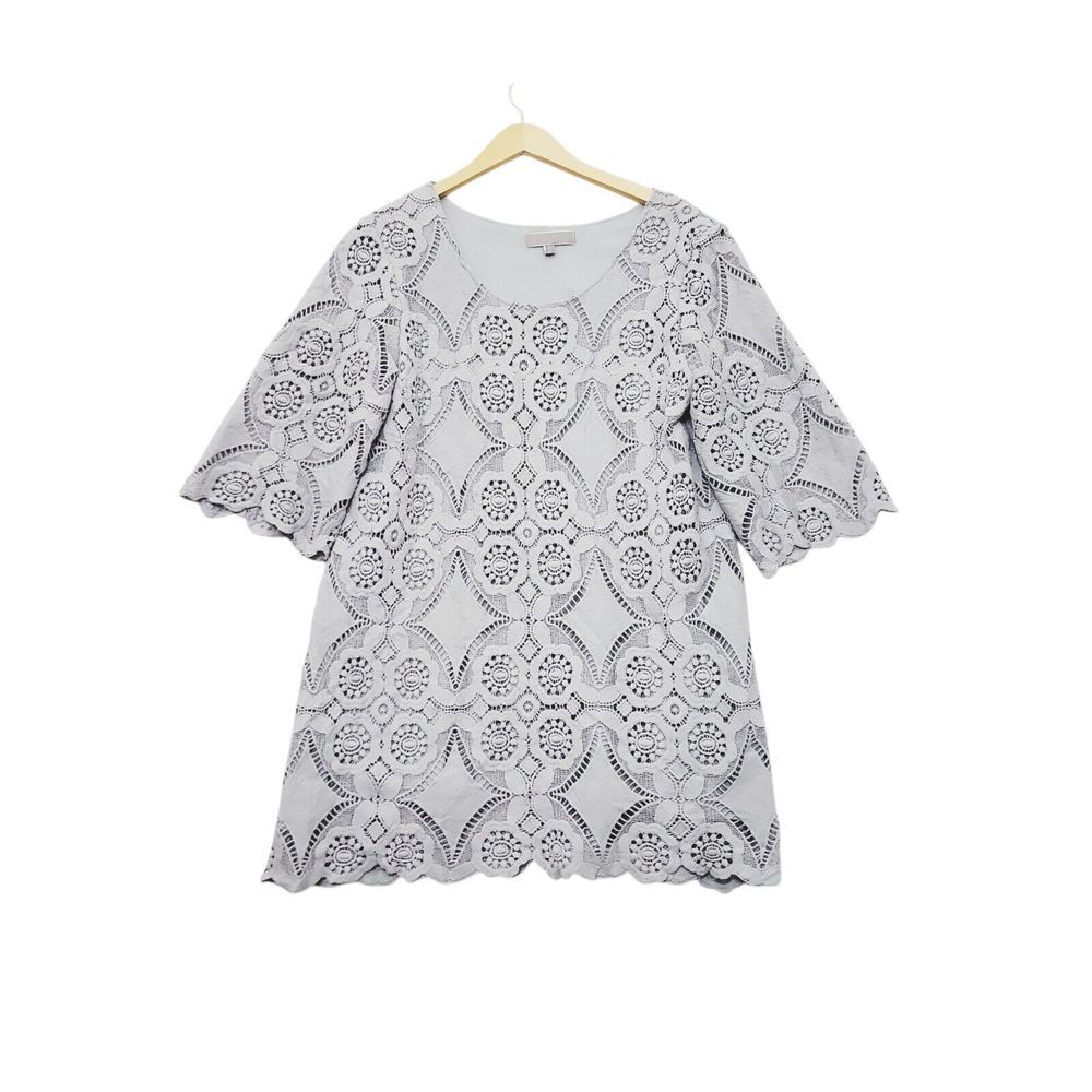 Pretty Angel Tunic Top Dress Crochet Gray Lined Linen Blend‎ Sz XL Feminine Boho